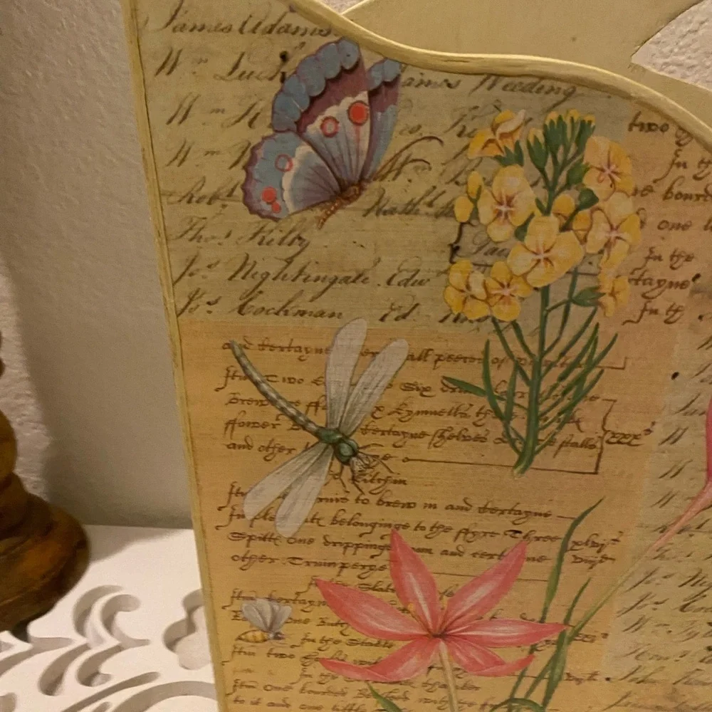 Signed Vintage Off 5th Yellow Floral Butterfly Country Wood Magazine Holder 15”H